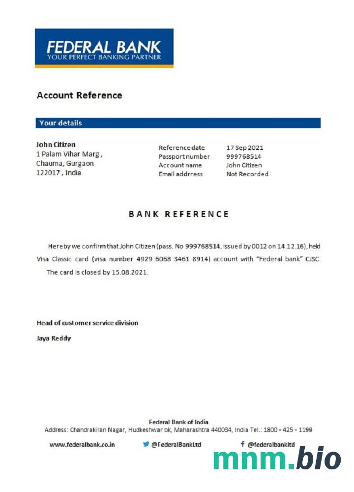 Przykład odniesienia do zamknięcia Banku Federalnego w Indiach w formatach Word i PDF